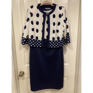 NWT SIZE 12 DANNY & NICOLE 2 PC NAVY BLUE POLKA DOT WHITE DRESS